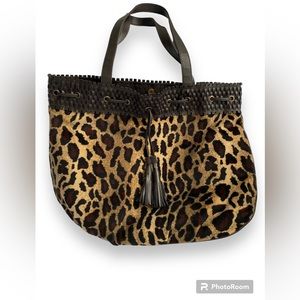 LANCOME Leopard Print Faux Fur Tote with Leather Edge  Leather Tassel Drawstring